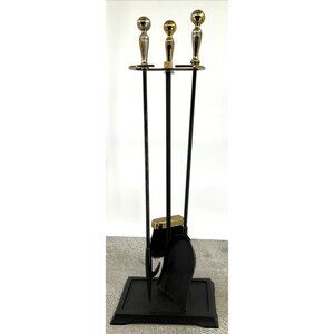 Mid-Century Modern Brass and Iron Fireplace Tool Set 3 Piece w/ stand USA